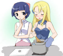 Rule 34 | 00s, 2girls, bare shoulders, blue eyes, blue hair, blush, breasts, chisato (missing park), chocolate, cleavage, closed eyes, cooking, cooking pot, finger to mouth, hair ornament, hair scrunchie, long hair, lowres, mamiina (simoun), multiple girls, nose blush, scrunchie, simoun, small breasts, standing, thinking, upper body, valentine, vest, yun (simoun)