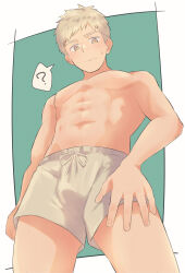 1boy ? absurdres blonde_hair closed_mouth commentary_request cowboy_shot dungeon_meshi highres kochi0801 laios_touden looking_at_viewer male_focus male_underwear no_nipples short_hair solo spoken_question_mark sweatdrop toned toned_male two-tone_background underwear underwear_only white_male_underwear yellow_eyes