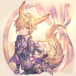 Rule 34 | 1boy, animal ears, backless outfit, blonde hair, brown eyes, erune, formal, fox boy, fox ears, fox tail, gloves, granblue fantasy, hair ornament, hair over one eye, highres, jacket, kou (granblue fantasy), large tail, long hair, looking at viewer, male focus, necktie, open mouth, shigaraki (strobe blue), solo, suit, tail
