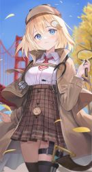 Rule 34 | 1girl, absurdres, black thighhighs, blonde hair, blue eyes, blush, breasts, brown skirt, collared shirt, detective, hair ornament, hat, high-waist skirt, highres, holding, holding magnifying glass, hololive, hololive english, holomyth, large breasts, loafers, magnifying glass, nakashima (pluscolor), neckerchief, plaid, plaid skirt, pocket watch, red neckerchief, shirt, shoes, short hair, skirt, syringe holster, thigh strap, thighhighs, virtual youtuber, watch, watson amelia, white shirt
