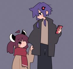 Rule 34 | 2girls, adpx, ahoge, black jacket, black pants, blade, blush, brown sweater, casual, cellphone, closed mouth, clothes tug, commentary, detached ahoge, detached hair, dot mouth, eye contact, feet out of frame, grey background, half-closed eyes, hand up, headgear, height difference, highres, holding, holding phone, jacket, long sleeves, looking at another, looking down, looking up, multiple girls, open clothes, open jacket, pants, phone, purple eyes, purple hair, red eyes, red hair, red scarf, scarf, short hair with long locks, simple background, smartphone, sweater, symbol-only commentary, touhoku kiritan, turtleneck, turtleneck sweater, twintails, vocaloid, voiceroid, yuzuki yukari