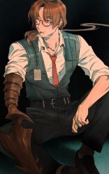 Rule 34 | 1boy, brown eyes, brown hair, crab claw, glasses, gregor (project moon), highres, limbus company, looking to the side, male focus, necktie, project moon, rectangular eyewear, red necktie, shirt, short hair, sitting, smoking, snsstk1, solo focus, white shirt