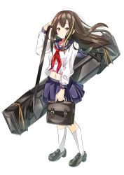 Rule 34 | 1girl, absurdres, aged down, alternate costume, bag, blue sailor collar, blue skirt, brown eyes, brown hair, girls&#039; frontline, highres, holding, long hair, m4a1 (girls&#039; frontline), multicolored hair, mutugorou u, neckerchief, particle cannon case, pleated skirt, red neckerchief, sailor collar, school uniform, serafuku, shoes, simple background, skirt, solo, streaked hair, white legwear