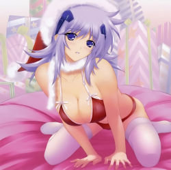 Rule 34 | 1girl, arm support, bare shoulders, bikini, blush, breasts, christmas, cleavage, cryska barchenowa, hair ornament, hat, highres, large breasts, leaning forward, light purple hair, looking at viewer, miyata sou, muv-luv, muv-luv alternative, muv-luv total eclipse, navel, parted lips, purple eyes, red bikini, santa hat, sitting, solo, swimsuit, thighhighs, wariza, white thighhighs