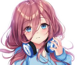 Rule 34 | 1girl, bad id, bad twitter id, blouse, blue eyes, breasts, collared shirt, expressionless, go-toubun no hanayome, hair between eyes, headphones, large breasts, looking at viewer, nakano miku, red hair, shirt, solo, ttosom, upper body, white background, white shirt