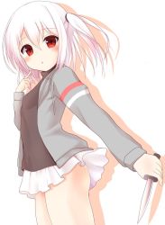 Rule 34 | 1girl, commentary request, hanakoizumi yoruno, holding, holding knife, hood, hood down, hoodie, knife, long sleeves, looking at viewer, medium hair, miniskirt, open clothes, open hoodie, original, parted lips, red eyes, side ponytail, skirt, solo, white hair, yoruno hikari