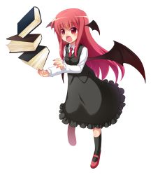 Rule 34 | 1girl, absurdres, book, dress, embodiment of scarlet devil, female focus, full body, gradient hair, head wings, highres, koakuma, long hair, mary janes, minamura haruki, multicolored hair, necktie, open mouth, red hair, red necktie, shoes, solo, sweatdrop, touhou, transparent background, wings