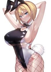 Rule 34 | 1girl, animal ears, arm behind head, armpits, arms up, bare arms, black bow, black bowtie, black one-piece swimsuit, blonde hair, blue eyes, bow, bowtie, breasts, commentary request, competition swimsuit, covered navel, detached collar, fake tail, fishnet pantyhose, fishnets, hair between eyes, highres, large breasts, leotard, one-piece swimsuit, original, pantyhose, pantyhose under swimsuit, parted lips, playboy bunny, playboy bunny swimsuit, rabbit ears, rabbit tail, sanshoku amido, sideboob, simple background, solo, standing, swimsuit, tail, taut clothes, taut swimsuit, two-tone swimsuit, white background, white one-piece swimsuit