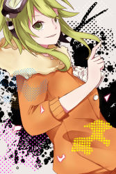 Rule 34 | 1girl, abstract background, coat, female focus, goggles, green eyes, green hair, gumi, jinsei reset button (vocaloid), matching hair/eyes, orange coat, oversized zipper, smile, solo, swon (joy200892), vocaloid