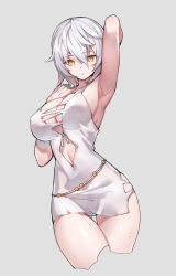 Rule 34 | 1girl, absurdres, arm behind head, armpits, breasts, code vein, dress, grey background, hair between eyes, highres, io (code vein), large breasts, looking at viewer, serin199, short hair, simple background, solo, sweat, thighs, white dress, white hair, yellow eyes
