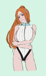 Rule 34 | 1girl, absurdres, adapted costume, bare legs, bleach, blush, breast hold, breast press, breasts, cleavage, curvy, embarrassed, front zipper swimsuit, highleg, highleg swimsuit, highres, inoue orihime, iwao178, large breasts, long hair, looking at viewer, meme attire, multicolored clothes, multicolored swimsuit, one-piece swimsuit, orange hair, ponytail, simple background, solo, standing, sweat, swimsuit, thighs, very long hair