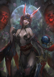 Rule 34 | 1girl, bare shoulders, breasts, cglas, cherry blossoms, fate/grand order, fate (series), hair ornament, horns, lantern, looking at viewer, medium breasts, midriff, moon, paper lantern, parted lips, purple eyes, sash, short hair, shuten douji (fate), skin-covered horns, solo, standing, sword, thighhighs, underwear, weapon, wide sleeves