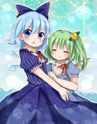 Rule 34 | 2girls, alternate costume, bad id, bad pixiv id, blue background, blue eyes, blue hair, bow, cirno, closed eyes, daiyousei, dress, facing viewer, fairy wings, flower, gradient background, green hair, hair bow, hair flower, hair ornament, heart, looking at viewer, multiple girls, open mouth, puffy short sleeves, puffy sleeves, ribbon, rose, short hair, short sleeves, side ponytail, smile, touhou, wings, yellow flower, yellow rose, yuzuno (yz t)