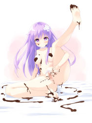 Rule 34 | 1girl, bad id, bad pixiv id, barefoot, blush, breasts, censored, chocolate, d-pad, d-pad hair ornament, feet, hair ornament, heart, heart-shaped pupils, highres, long hair, looking at viewer, mosaic censoring, naked chocolate, navel, nepgear, neptune (series), nipples, nude, purple eyes, purple hair, pussy, soles, solo, spread legs, spread pussy, symbol-shaped pupils, tenjou ryuka, toes, valentine