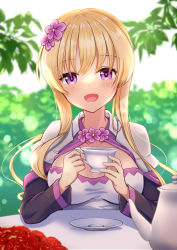 Rule 34 | 1girl, :d, blonde hair, breasts, cup, flower, flower knight girl, food, fruit, hair flower, hair ornament, highres, holding, holding cup, leaf, looking at viewer, medium breasts, open mouth, outdoors, purple eyes, saintpaulia (flower knight girl), sakuragi sayu, short hair, short hair with long locks, smile, solo, strawberry, table, teacup, teapot, upper body