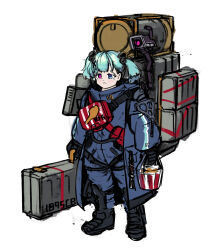 Rule 34 | 1girl, absurdres, backpack, bag, black footwear, black gloves, blue coat, blue eyes, blue hair, boots, brand name imitation, bucket of chicken, character name, closed mouth, coat, commentary, cosplay, death stranding, dinergate (girls&#039; frontline), english commentary, full body, girls&#039; frontline, gloves, hair bobbles, hair ornament, heterochromia, highres, holding, holding suitcase, kfc, light blue hair, light blush, long sleeves, m1895 cb (girls&#039; frontline), odradek, parody, pure boy, purple eyes, sam porter bridges, sam porter bridges (cosplay), short hair, short twintails, simple background, solo, standing, strap, suitcase, tears, twintails, white background, zipper