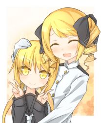Rule 34 | 10s, 2girls, ^ ^, bad id, bad nicoseiga id, blonde hair, blush, bow, closed eyes, double v, drill hair, closed eyes, female admiral (kancolle), gloves, hair bow, hair ornament, hand on another&#039;s head, head tilt, kantai collection, long hair, long sleeves, looking at viewer, military, military uniform, multiple girls, naval uniform, open mouth, rateratte, satsuki (kancolle), school uniform, serafuku, short hair, smile, twin drills, twintails, uniform, v, white gloves, yellow eyes
