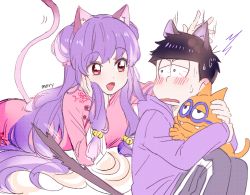 Rule 34 | 10s, 1boy, 1girl, :d, animal, animal ears, artist name, bad id, bad pixiv id, bell, blush, bow, cat, cat ears, cat tail, chinese clothes, crossover, double bun, esper nyanko, eye contact, eyebrows, hair bell, hair bow, hair bun, hair ornament, hand on another&#039;s ear, hand on own cheek, hand on own face, head rest, holding, holding animal, holding cat, hood, hood down, hoodie, hug, kemonomimi mode, long hair, long sleeves, looking at another, looking back, lying, matsuno ichimatsu, mery (yangmalgage), motion lines, nervous, on stomach, open mouth, osomatsu-kun, osomatsu-san, osomatsu (series), pants, purple hair, ranma 1/2, red eyes, shampoo (ranma 1/2), sidelocks, sitting, sketch, smile, surprised, sweat, tail, track pants, trait connection, very long hair, wavy mouth, white background