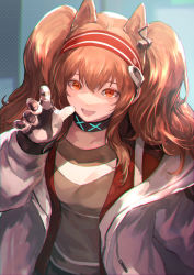 Rule 34 | 1girl, absurdres, angelina (arknights), animal ears, arknights, black choker, black shirt, blouse, choker, gloves, grey jacket, hairband, hand up, highres, huge filesize, infection monitor (arknights), jacket, long hair, long sleeves, looking at viewer, open clothes, open jacket, orange eyes, orange hair, shirataki jiro, shirt, solo, twintails, upper body