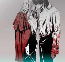 Rule 34 | 1boy, 1girl, alucard (hellsing), artist name, blood, blood on clothes, blood on hands, breasts, coat, coat on shoulders, commentary request, dark-skinned female, dark skin, hellsing, hetero, holding, holding sword, holding weapon, imminent kiss, integra hellsing, no bra, red coat, shirt tucked in, small breasts, spot color, sword, toshimichi yukari, unbuttoned, watermark, weapon, web address