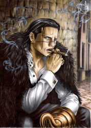Rule 34 | 1boy, absurdres, black hair, bracelet, cape, cigar, earrings, fur cape, highres, hook hand, jewelry, looking at viewer, male focus, manly, one piece, ring, scar, crocodile (one piece), sitting, smoke, smoking, solo, takumi (marlboro)