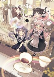 &gt;_&lt; 4girls animal apron arm_up black_dress black_footwear blurry blurry_foreground blush cat chair closed_eyes closed_mouth commentary_request cup depth_of_field dress frilled_apron frilled_dress frills fushigi_na_neko_no_machi_meltier green_dress haru_(fushigi_na_neko_no_machi_meltier) highres indoors layered_sleeves long_sleeves magic maid_apron maid_headdress moco_(fushigi_na_neko_no_machi_meltier) multiple_girls open_mouth parted_lips pink_dress puffy_short_sleeves puffy_sleeves rabbit rainbow rucora_(fushigi_na_neko_no_machi_meltier) sakura_oriko saucer shoes short_over_long_sleeves short_sleeves sitting socks sparkle standing stool table teacup waitress white_apron white_socks wooden_floor wrist_cuffs