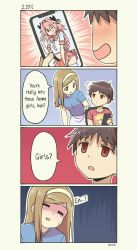 Rule 34 | 1boy, 1girl, 4koma, :d, ;q, ^^^, androgynous, astolfo (fate), astolfo (sailor paladin) (fate), black bow, black ribbon, blonde hair, blue shirt, blush, bow, braid, breasts, brown hair, cellphone, closed eyes, collarbone, comic, commentary, cowboy shot, english text, fate/apocrypha, fate/grand order, fate (series), finger in another&#039;s mouth, green eyes, hair between eyes, hair bow, hair intakes, hair ribbon, hairband, hand on another&#039;s shoulder, hand up, head tilt, highres, holding, holding phone, long hair, looking at viewer, maria holic, midriff, miniskirt, multicolored hair, navel, neckerchief, one eye closed, open mouth, panties, pantyshot, pas (paxiti), phone, pink hair, pink neckerchief, pink sailor collar, pink skirt, pleated skirt, purple eyes, red eyes, red shirt, ribbon, sailor collar, school uniform, serafuku, shidou mariya, shirt, short hair, short sleeves, single braid, skirt, smartphone, smile, standing, streaked hair, sweatdrop, swept bangs, thighhighs, tongue, tongue out, trap, tress ribbon, twintails, twitter username, two-tone hair, underwear, upskirt, v, very long hair, white hair, white hairband, white panties, white skirt, white thighhighs, wind, wind lift
