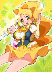 Rule 34 | 10s, 1girl, blonde hair, breasts, brooch, cure honey, earrings, happinesscharge precure!, heart, heart brooch, iruka-margarine, jewelry, large breasts, long hair, magical girl, oomori yuuko, open mouth, ponytail, precure, ryuuta (cure ryuuta), skirt, solo, wide ponytail, yellow eyes, yellow skirt