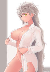 Rule 34 | 1girl, areola slip, blush, bottomless, breasts, collarbone, commentary request, covered erect nipples, cowboy shot, cypress, groin, highres, jewelry, kantai collection, large breasts, long hair, looking at viewer, naked shirt, navel, no bra, no panties, open clothes, open shirt, ring, see-through, shirt, silver hair, solo, unryuu (kancolle), very long hair, wedding band, white shirt, yellow eyes
