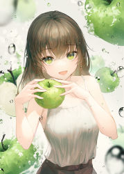 Rule 34 | 1girl, absurdres, apple, bare shoulders, brown hair, commentary, condensation, crystalherb, food, fruit, green apple, green eyes, hair between eyes, highres, holding, holding food, holding fruit, long hair, looking at viewer, open mouth, original, sleeveless, smile, solo, symbol-only commentary, water