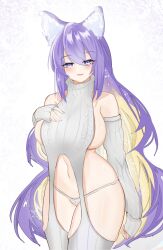 Rule 34 | 1girl, absurdres, animal ears, bare shoulders, blonde hair, blush, breasts, colored inner hair, detached sleeves, garter straps, gradient hair, highres, hololive, hololive indonesia, large breasts, long hair, looking at viewer, meme attire, moona hoshinova, mrytler, multicolored hair, navel, panties, purple eyes, purple hair, ribbed legwear, ribbed panties, ribbed sleeves, ribbed thighhighs, sideboob, sleeveless, sleeveless sweater, smile, solo, starry hair, sweater, thighhighs, turtleneck, two-tone hair, underwear, virgin destroyer sweater, virtual youtuber, white garter straps, white panties, white sweater