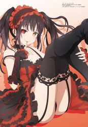 Rule 34 | 1girl, :p, absurdres, artist request, bare shoulders, black footwear, black hair, black panties, black thighhighs, boots, breasts, choker, cleavage, clock eyes, date a live, detached sleeves, dress, garter straps, gothic lolita, hairband, heterochromia, highres, lolita fashion, lolita hairband, long hair, looking at viewer, medium breasts, megami magazine, naughty face, official art, panties, pantyshot, platform boots, platform footwear, red eyes, scan, seductive smile, smile, solo, symbol-shaped pupils, thighhighs, thighs, tokisaki kurumi, tongue, tongue out, twintails, underwear, uneven twintails, yellow eyes