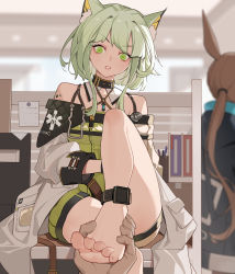 Rule 34 | 1boy, 2girls, absurdres, amiya (arknights), animal ears, anklet, arknights, bare shoulders, brown hair, cat ears, detached collar, dress, feet, foot focus, green dress, green eyes, green hair, highres, holding with feet, jewelry, kal&#039;tsit (arknights), lab coat, long hair, material growth, multiple girls, office, oripathy lesion (arknights), rabbit ears, short hair, sitting, sitting on table, solo focus, xssh