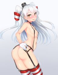 Rule 34 | 10s, 1girl, amatsukaze (kancolle), ass, bare shoulders, blush, breasts, covered erect nipples, cowboy shot, doyouwantto, dress, fang, garter straps, gloves, hair tubes, kantai collection, long hair, looking at viewer, looking back, medium breasts, navel, no panties, red thighhighs, sailor dress, shiny skin, silver hair, single glove, slingshot swimsuit, smile, solo, striped clothes, striped thighhighs, swimsuit, thighhighs, twitter username, two side up, white gloves