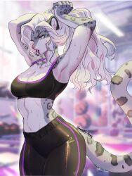 Rule 34 | 1girl, adjusting hair, arm up, armpits, black pants, black sports bra, blue eyes, blurry, blurry background, breasts, depth of field, furry, furry female, grey fur, hair tie in mouth, highres, indoors, long hair, medium breasts, mouth hold, nonoka917, original, pants, snow leopard ears, snow leopard girl, snow leopard tail, solo, sports bra, white fur, white hair, workout clothes