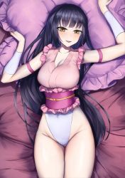 Rule 34 | 1girl, adapted costume, alternate costume, bare shoulders, bed, bed sheet, black hair, blunt bangs, breasts, cleavage, frilled shirt, frills, gunnjou yosio, hime cut, houraisan kaguya, large breasts, long hair, looking at viewer, pillow, pillow grab, revealing clothes, sash, shirt, sleeveless, solo, thighs, touhou, touhou tag dream, wrestling outfit, yellow eyes