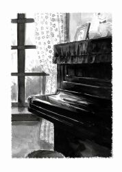 Rule 34 | border, curtains, drawing (object), floral print, graphite (medium), greyscale, indoors, instrument, monochrome, original, piano, picture frame, scenery, somikakuda, still life, stool, stuffed animal, stuffed toy, teddy bear, traditional media, white border, window