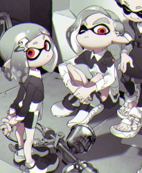 Rule 34 | arms behind back, bike shorts, blunt bangs, chromatic aberration, closed eyes, closed mouth, coat, collared shirt, eyebrows, feet, full body, grey hair, greyscale, hair ornament, highres, inkling, inkling boy, inkling girl, inkling player character, long sleeves, looking at viewer, monochrome, nintendo, one eye closed, pointy ears, red eyes, shirt, shoes, short eyebrows, shorts, sitting, smile, sneakers, splatoon (series), splatoon 2, standing, tentacle hair, thick eyebrows, yoneyama mai