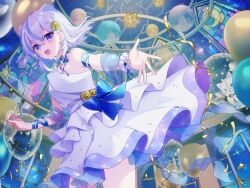 Rule 34 | 1girl, :d, ;d, alternate costume, arm cuffs, balloon, blue bow, blue choker, blue hair, bow, ceeras (iriam), choker, confetti, dress, ear piercing, flower, frilled dress, frills, hair between eyes, hair flower, hair ornament, holding, holding balloon, indoors, iriam, miria (iriam), multicolored hair, one eye closed, open mouth, piercing, purple eyes, ribbon choker, second-party source, shirase (shirose), smile, streaked hair, streamers, two-tone hair, virtual youtuber, white dress, white hair, yellow flower