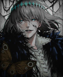 Rule 34 | 1boy, akuta vi, blood, blood on face, blue eyes, bug, chromatic aberration, crown, eyelashes, fate/grand order, fate (series), film grain, frills, fur trim, grey hair, hair between eyes, half-closed eyes, highres, insect, insect wings, long eyelashes, looking at viewer, male focus, moth, oberon (fate), oberon (third ascension) (fate), parted lips, pink lips, smile, spoilers, teeth, upper body, wings