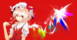 Rule 34 | 1girl, blonde hair, crystal, dress, expressionless, female focus, flandre scarlet, frills, hat, looking at viewer, mob cap, puffy short sleeves, puffy sleeves, rainbow order, red background, red dress, red eyes, short hair, short sleeves, simple background, solo, touhou, upper body, wings