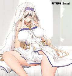 Rule 34 | 10s, 1girl, bed sheet, blindfold, blonde hair, blush, breasts, breasts apart, dress, female pubic hair, ginhaha, goblin slayer!, groin, jewelry, large breasts, necklace, no panties, on bed, parted lips, patreon username, pubic hair, sitting, solo, sword maiden
