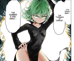Rule 34 | 1girl, angry, arm up, black dress, breasts, collarbone, colorized, covered navel, curly hair, curvy, dress, english text, green eyes, green hair, groin, hand on own hip, highleg, highleg dress, hip vent, leaning to the side, long sleeves, looking at viewer, murata yuusuke, navel, no panties, one-punch man, pelvic curtain, skin tight, small breasts, speech bubble, tatsumaki, thick thighs, thighs, wide hips