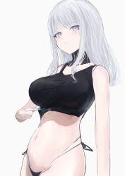 Rule 34 | 1girl, blue eyes, blush, breasts, clothes pull, highleg, highleg panties, highres, large breasts, midriff, nail polish, navel, original, panties, pulling own clothes, side-tie panties, standing, underwear, white background, white hair, yu-dachi