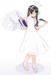Rule 34 | 1girl, alternate costume, angel wings, barefoot, black hair, book, closed eyes, closed mouth, dress, feathered wings, full body, geometrie, glasses, gradient background, hair between eyes, hairband, halo, holding, holding book, holding quill, kantai collection, long hair, ooyodo (kancolle), quill, sandals, smile, solo, white background, white dress, white hairband, white wings, wings