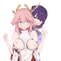 Rule 34 | 2girls, absurdres, animal ears, bare shoulders, biting, blush, grabbing another&#039;s breast, breast hold, breasts, breasts out, bridal gauntlets, collarbone, commentary request, crossed bangs, detached sleeves, ear biting, earrings, floppy ears, flower, fox ears, genshin impact, grabbing, grabbing from behind, groping, hair between eyes, hair flower, hair ornament, highres, japanese clothes, jewelry, kimono, long hair, looking at another, looking at viewer, medium breasts, mixed-language commentary, multiple girls, nipples, nontraditional miko, pink hair, purple eyes, purple flower, purple hair, purple kimono, qingshuisi yu ji, raiden shogun, ribbon-trimmed sleeves, ribbon trim, shirt, simple background, sleeveless, sleeveless shirt, turtleneck, upper body, very long hair, vision (genshin impact), white background, white shirt, wide sleeves, yae miko, yuri