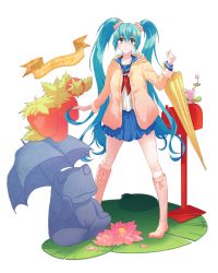 Rule 34 | 1girl, aqua eyes, aqua hair, bilager, boots, closed umbrella, food, frog, fruit, hatsune miku, highres, knee boots, lily pad, long hair, mailbox, pigeon-toed, rubber boots, school uniform, scrunchie, serafuku, simple background, skirt, smile, solo, strawberry, twintails, umbrella, very long hair, vocaloid, white background