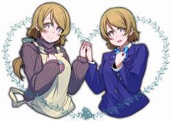 Rule 34 | 1girl, apron, aqua bow, artist name, artist request, blue cardigan, blue jacket, blush, bow, breasts, brown apron, brown hair, cardigan, collared shirt, dual persona, female focus, hair between eyes, hair bow, jacket, koizumi hanayo, long hair, long sleeves, looking at viewer, love live!, love live! school idol project, medium breasts, otonokizaka school uniform, own hands together, parted lips, ponytail, puffy long sleeves, puffy sleeves, purple eyes, purple sweater, repunit, school uniform, shirt, short hair, smile, solo, striped, striped bow, sweater, vertical-striped sweater, white background