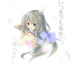 Rule 34 | 00s, 1girl, :d, blue bow, blush, bow, brown eyes, clannad, from behind, green eyes, hair bow, hat, ibuki fuuko, kanikama, long hair, long sleeves, looking at viewer, low-tied long hair, open mouth, party hat, sailor collar, school uniform, serafuku, smile, solo, text focus, upper body
