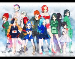 Rule 34 | 3boys, 6+girls, ama mitsuki, apple, bandages, black hair, blonde hair, blue eyes, blue hair, boots, braid, brown eyes, brown hair, casual, character request, commentary request, copyright request, crossed arms, dagger, dress, food, fox mask, fruit, glasses, gloves, gradient background, green eyes, grin, hair ribbon, hat, jacket, japanese clothes, knife, long hair, looking at viewer, mask, multicolored hair, multiple boys, multiple girls, niounomiya izumu, orange hair, red eyes, red hair, ribbon, sandals, school uniform, serafuku, short hair, silver hair, sleeves past wrists, smile, straitjacket, tabi, twin braids, two-tone hair, two side up, weapon, zaregoto series